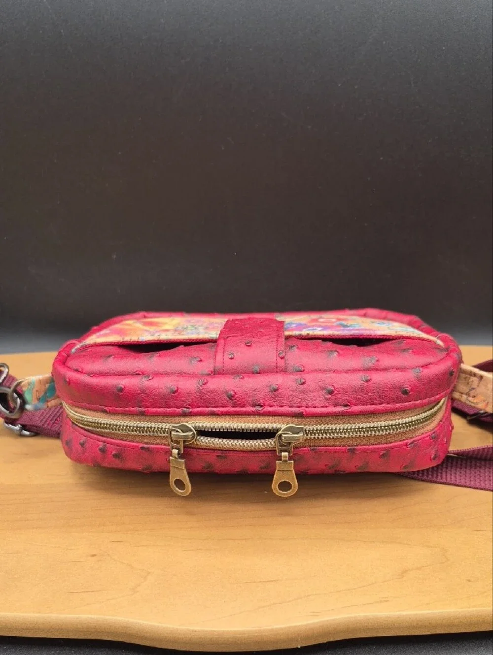 Elba Creations Floral Cork Crossbody Bag Burgundy Ostrich Vegan Leather